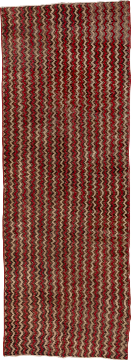 4' x 12' one-of-a-kind handmade vintage Tulu runner rug. Color palette: brown, red