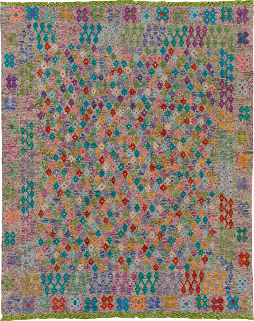 6' x 7' one-of-a-kind handmade vintage Kilim rug. Color palette: blue, brown, dark cyan, gray, green, orange, peru, pink