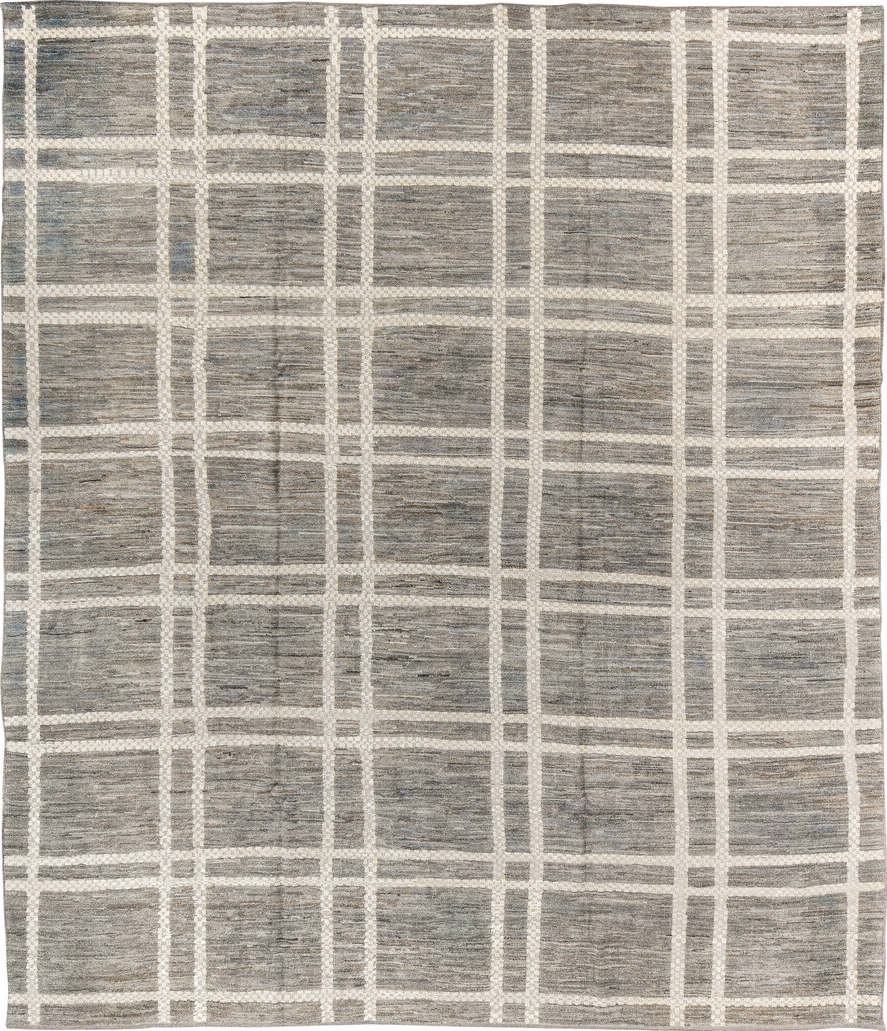 9' x 11' one-of-a-kind handmade vintage Tulu large size rug. Color palette: black, dark gray, dim gray, gray, light gray