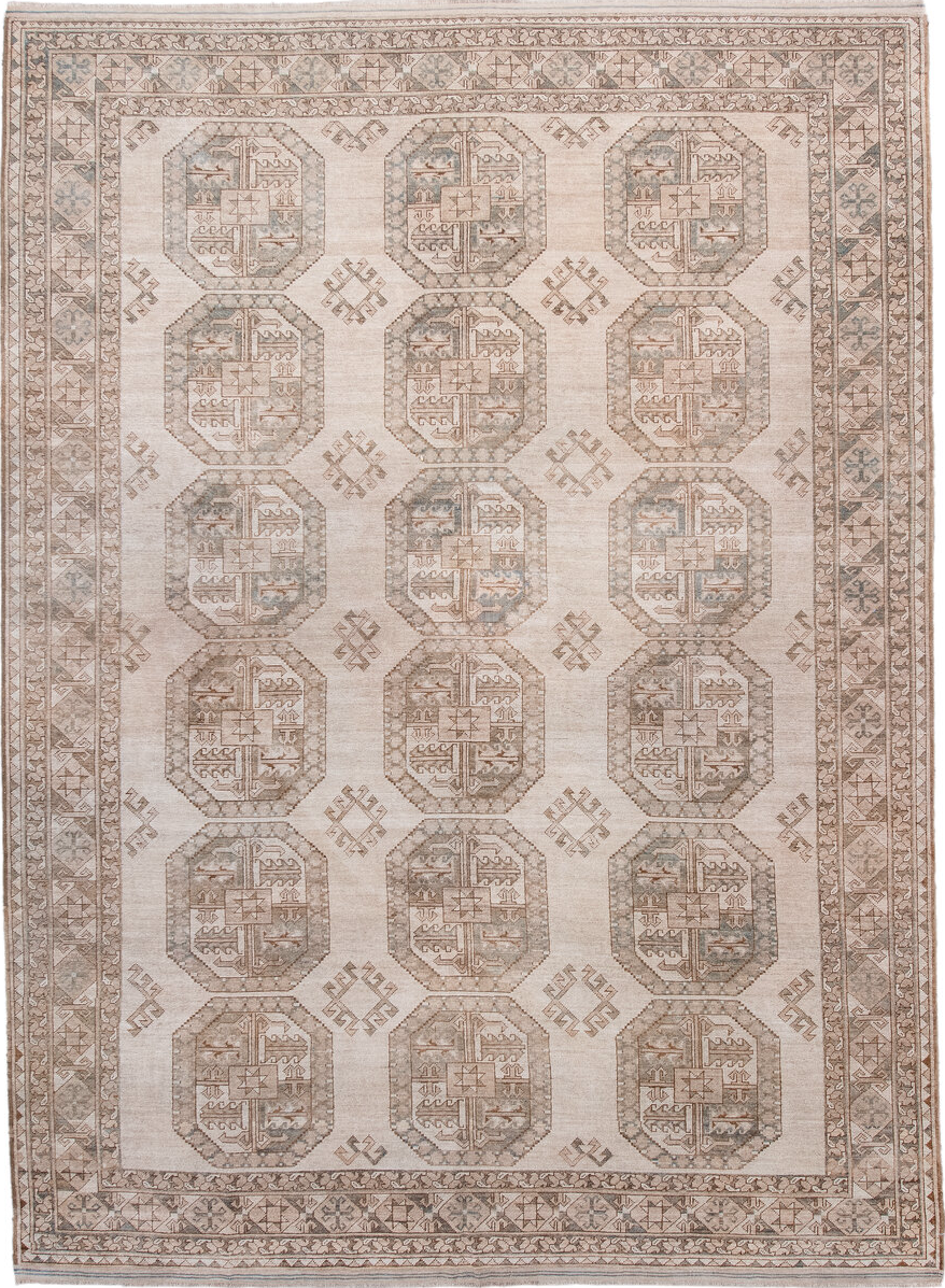 7' x 10' one-of-a-kind handmade vintage Afghan large size rug. Color palette: gray, light gray, off-white, pink