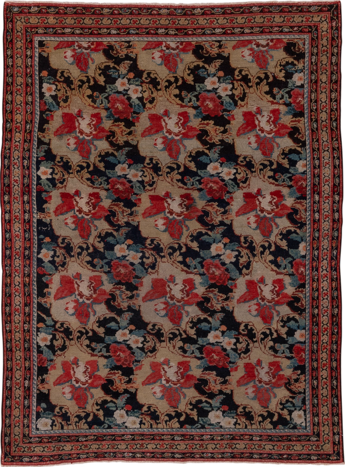 4' x 5' one-of-a-kind handmade vintage Malayer small size rug. Color palette: black, brown, gray, pink, red