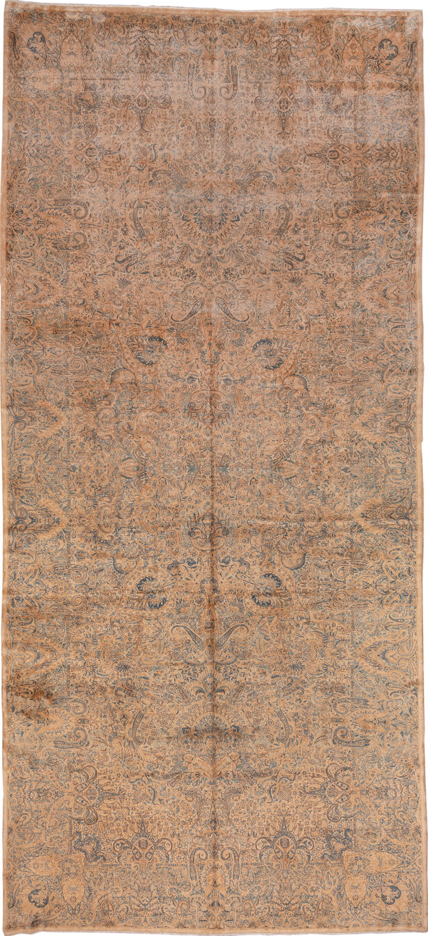 8' x 19' one-of-a-kind handmade vintage Kerman rug. Color palette: brown, gray, orange, pink, off-white, tan