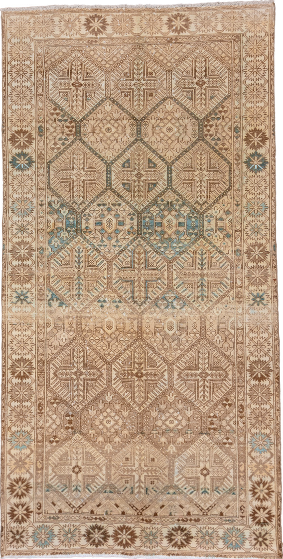 5' x 10' one-of-a-kind handmade vintage Baktiary medium size rug. Color palette: brown, gray, light gray, off-white, orange