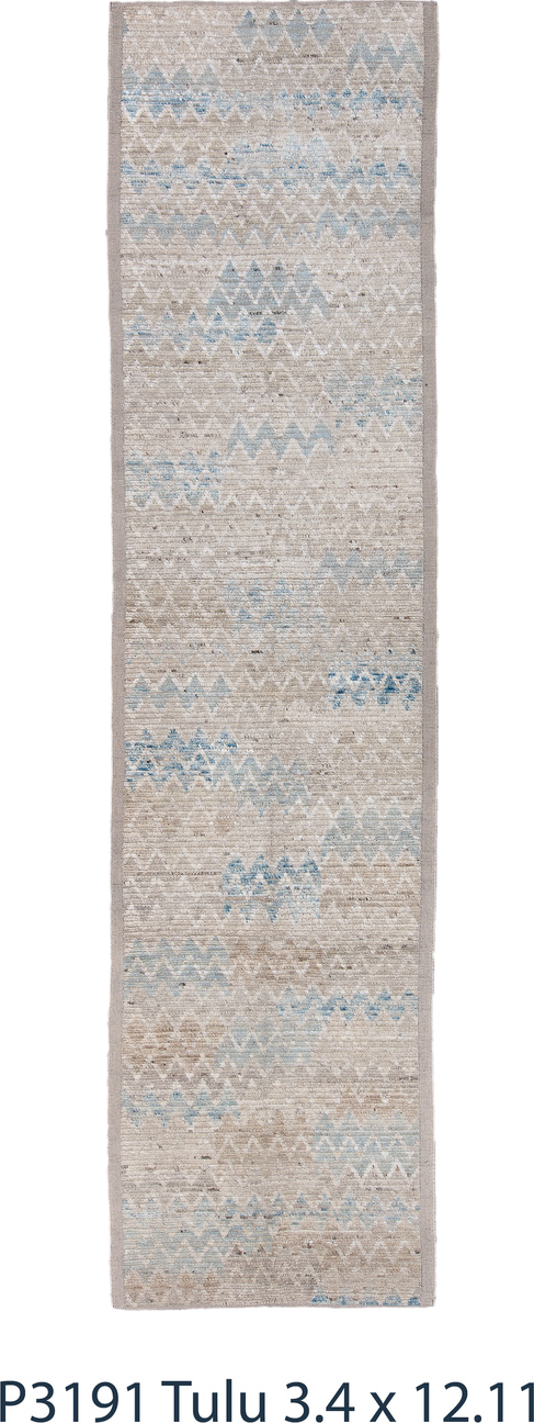 3' x 12' one-of-a-kind handmade vintage Tulu runner rug. Color palette: black, blue, brown, charcoal, dark gray, dim gray