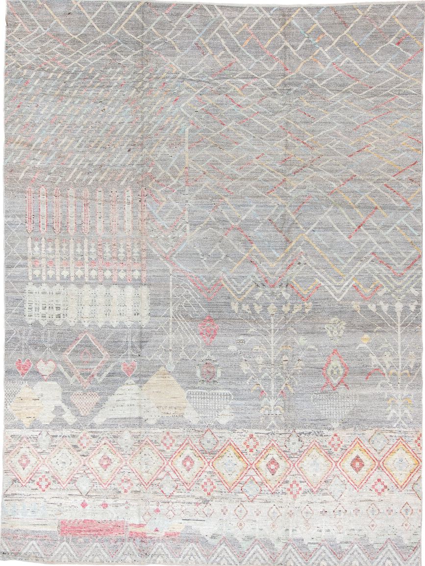 10' x 13' one-of-a-kind handmade vintage Tulu large size rug. Color palette: black, dark gray, dim gray, gainsboro, gray