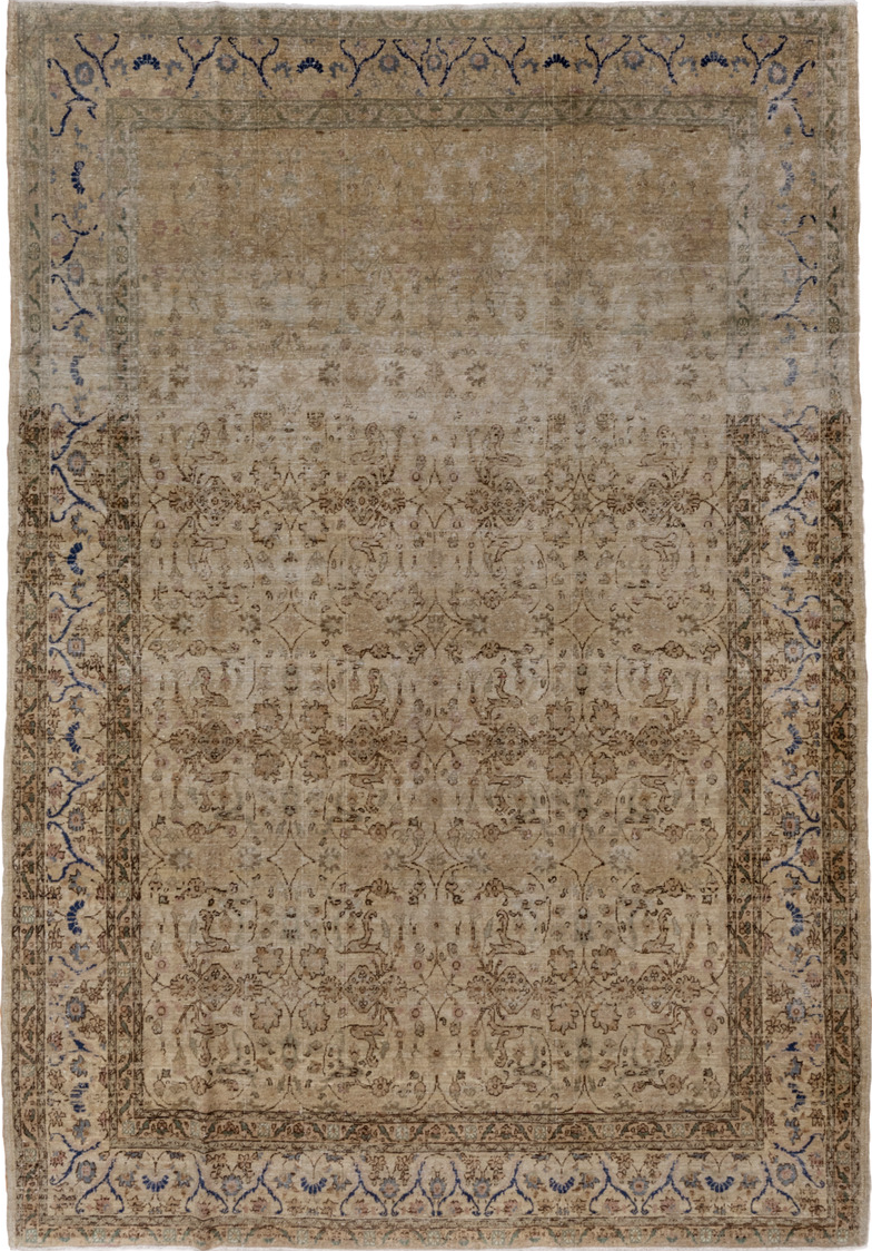 7' x 9' one-of-a-kind handmade vintage Sivas rug. Color palette: blue, brown, gray, light gray