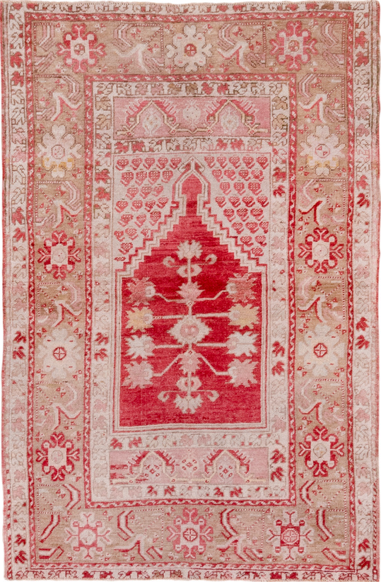 3' x 5' one-of-a-kind handmade vintage Oushak small size rug. Color palette: brown, gray, light gray, off-white, pink, red
