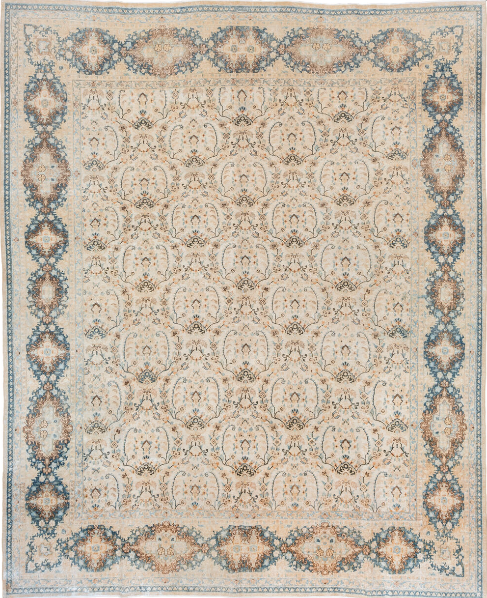 10' x 12' one-of-a-kind handmade vintage Kerman large size rug. Color palette: antiquewhite, brown, gainsboro, gray