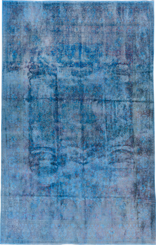 5' x 9' one-of-a-kind handmade vintage Overdyed medium size rug. Color palette: blue, gray, light blue, light steel blue