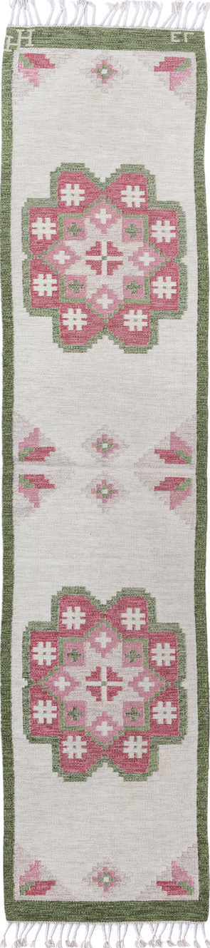 2' x 12' one-of-a-kind handmade vintage Kilim runner rug. Color palette: brown, gainsboro, gray, light gray, off-white, pink