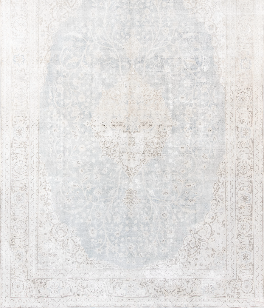 9' x 13' one-of-a-kind handmade vintage Sparta large size rug. Color palette: dark gray, gainsboro, ghost white, gray