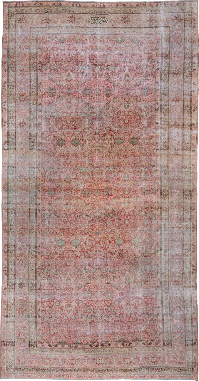 9' x 18' one-of-a-kind handmade vintage Lavar rug. Color palette: brown, gray, light gray, pink, red, silver