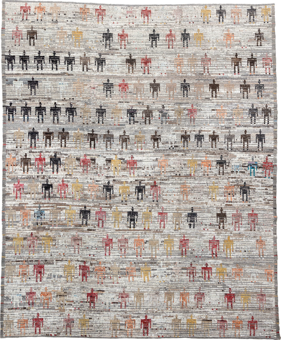 9' x 11' one-of-a-kind handmade vintage Tulu large size rug. Color palette: gray, black, pink, light gray, off-white, brown