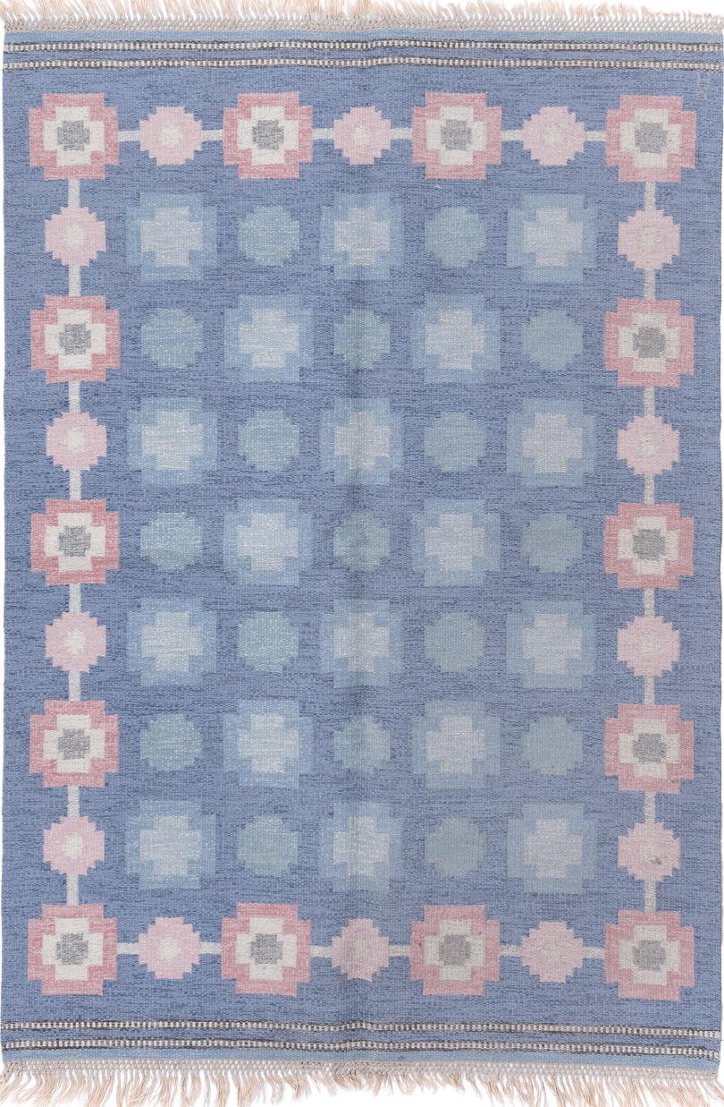 5' x 8' one-of-a-kind handmade vintage Kilim medium size rug. Color palette: black, blue, fiord, gainsboro, gray, light blue