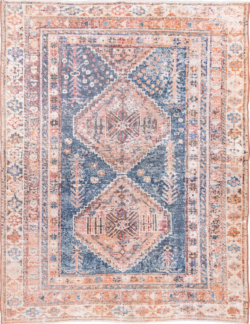 4' x 5' one-of-a-kind handmade vintage Afshar small size rug. Color palette: antiquewhite, blue, brown, dark salmon