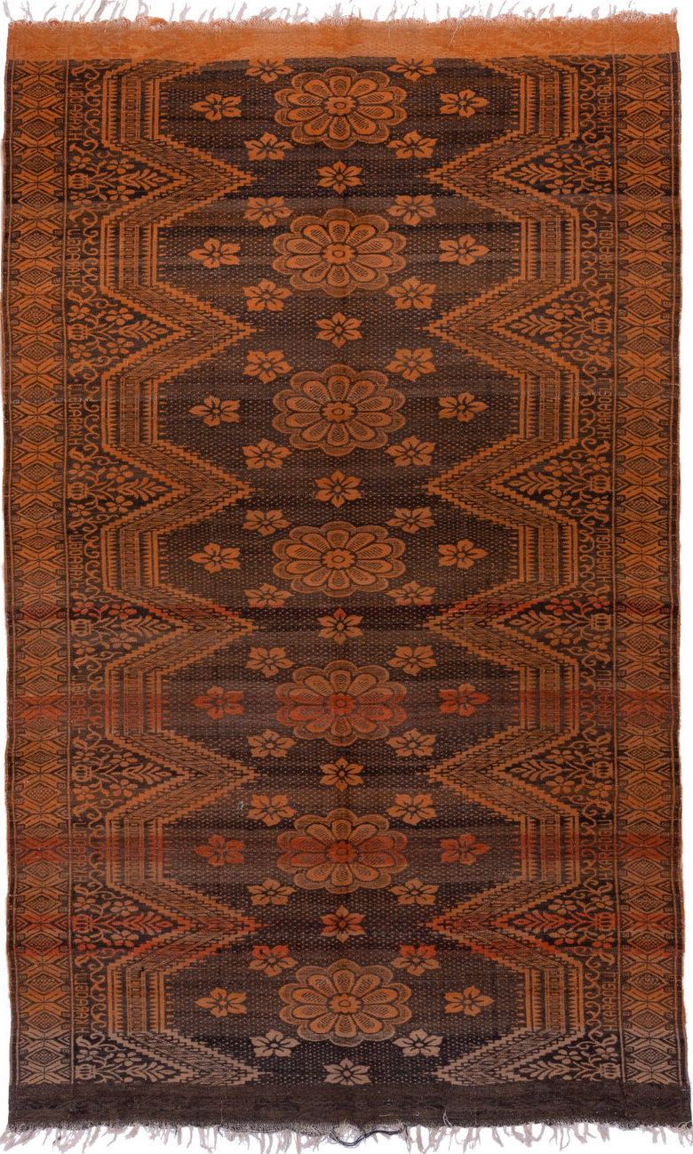 6' x 9' one-of-a-kind handmade vintage Kilim medium size rug. Color palette: brown, gray, light gray, pink, sienna