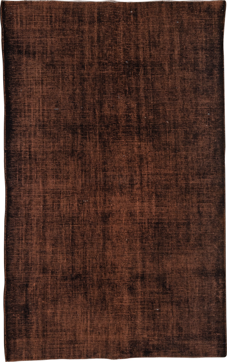 5' x 9' one-of-a-kind handmade vintage Overdyed medium size rug. Color palette: black, brown, gray, light gray, off-white