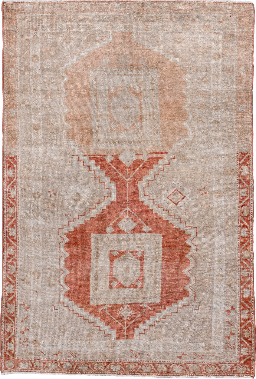 3' x 5' one-of-a-kind handmade vintage Anatol small size rug. Color palette: brown, dark salmon, gray, light gray, off-white