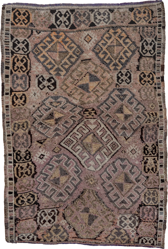 4' x 5' one-of-a-kind handmade vintage Kars small size rug. Color palette: black, brown, charcoal, gray, light gray, pink