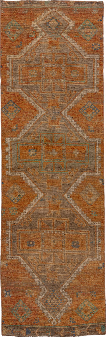 3' x 10' one-of-a-kind handmade vintage Oushak runner rug. Color palette: black, brown, gray, off-white, saddle brown, snow