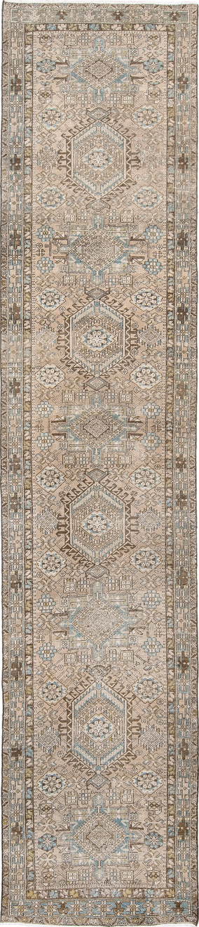 3' x 14' one-of-a-kind handmade vintage Karaje runner rug. Color palette: antiquewhite, brown, gray, light gray, off-white
