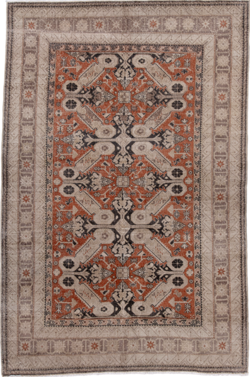4' x 6' one-of-a-kind handmade vintage Irvan small size rug. Color palette: black, brown, gray, pink