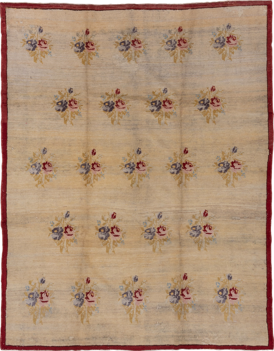 6' x 8' one-of-a-kind handmade vintage Oushak medium size rug. Color palette: brown, gray, light gray, red, redwood