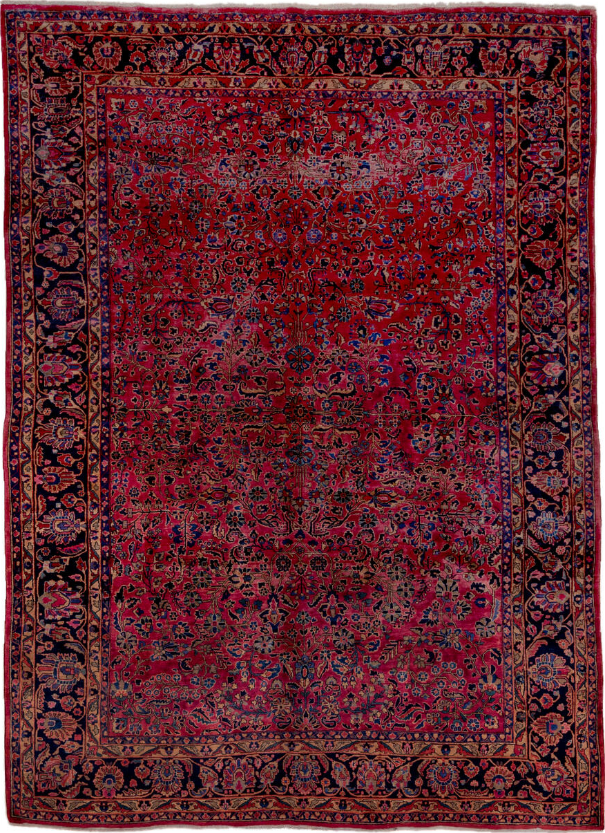 9' x 12' one-of-a-kind handmade vintage Sarouk large size rug. Color palette: brown, gray, pink, red, redwood