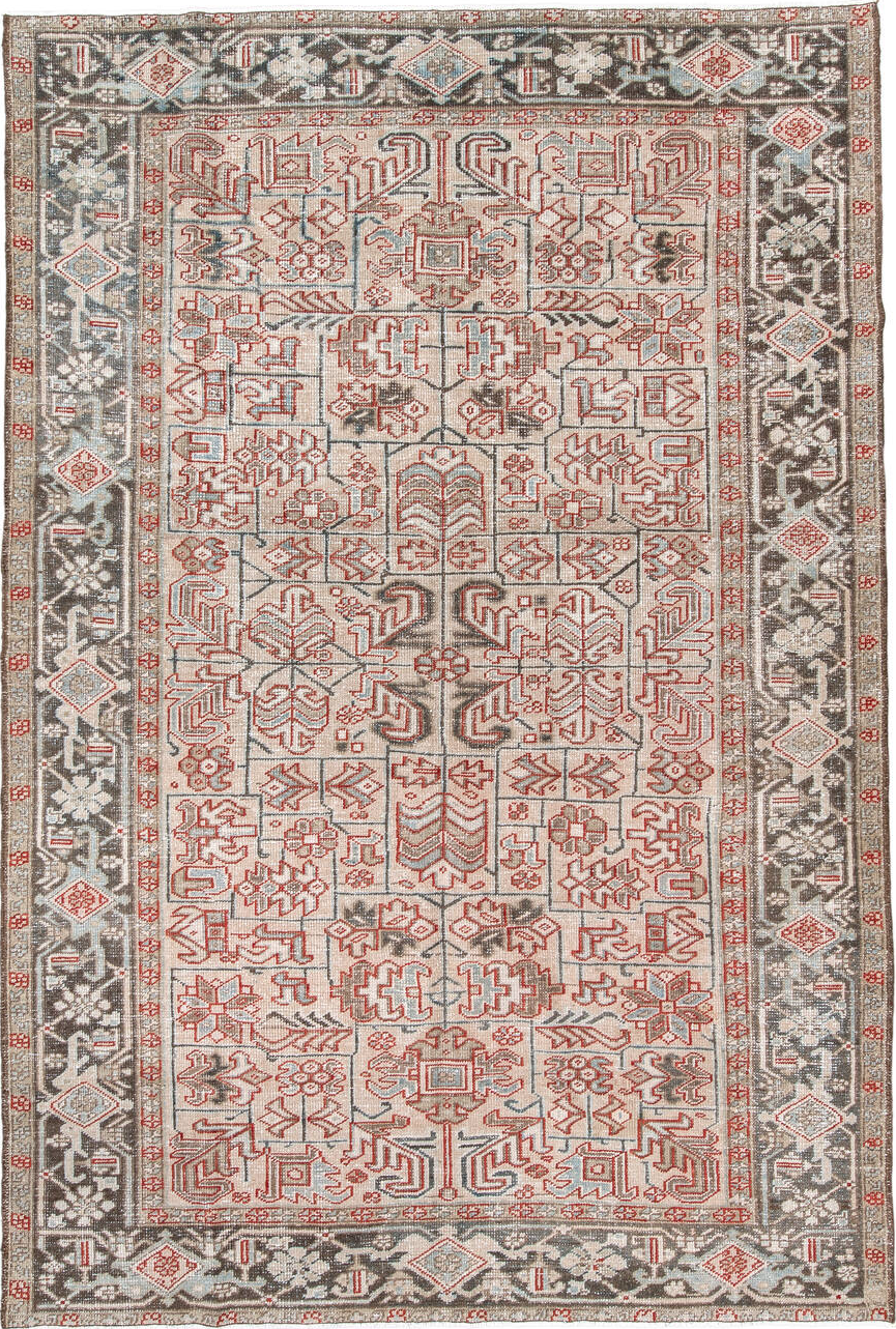 6' x 9' one-of-a-kind handmade vintage Heriz medium size rug. Color palette: gray, off-white, red, brown, pink, light gray