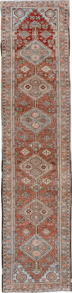 2' x 10' one-of-a-kind handmade vintage Heriz runner rug. Color palette: brown, dark gray, gray, light gray, off-white, pink