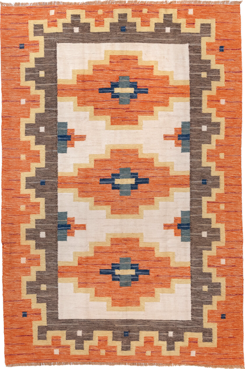 6' x 9' one-of-a-kind handmade vintage Rollaken medium size rug. Color palette: antiquewhite, blue, brown, burlywood, gray