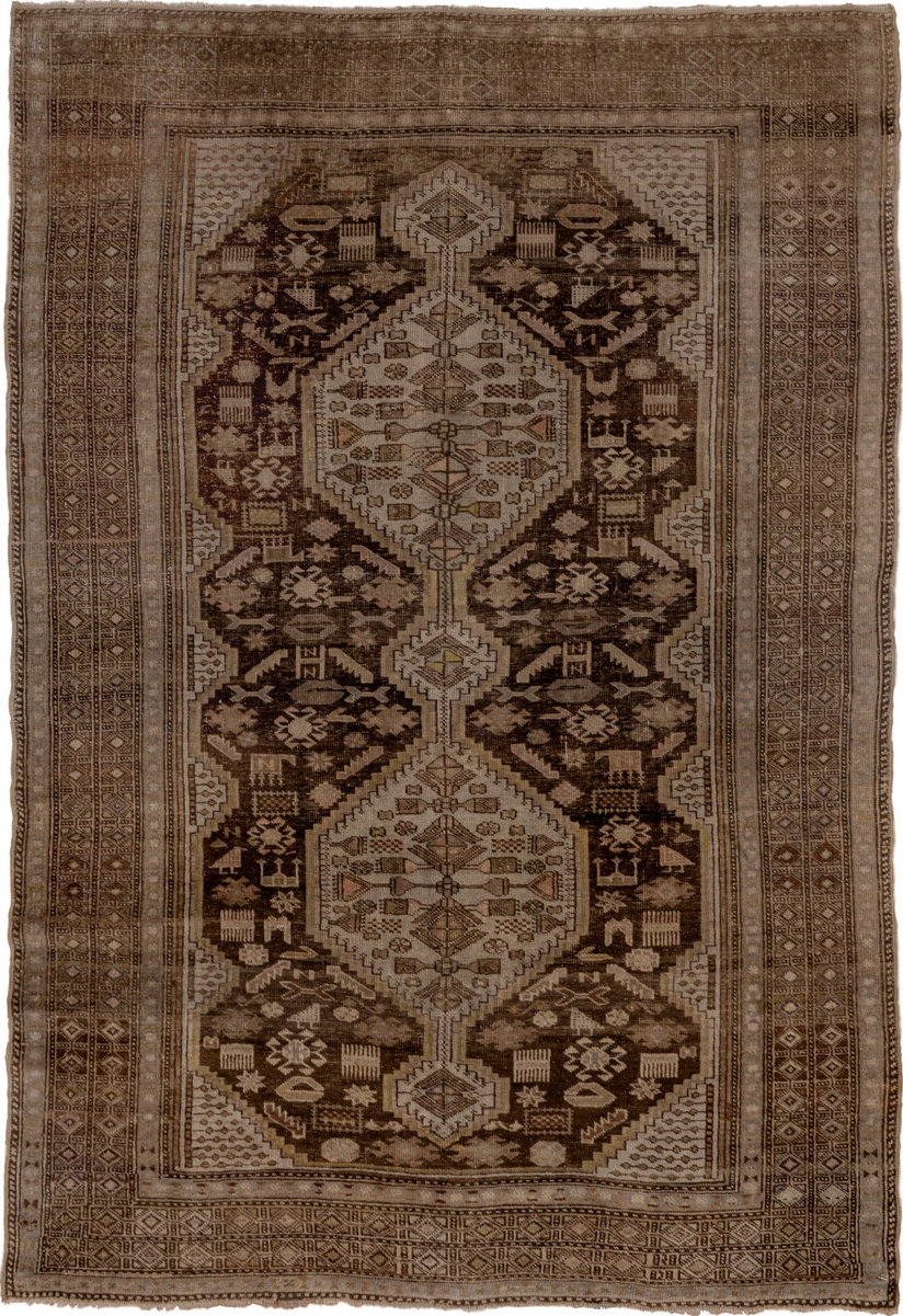 4' x 6' one-of-a-kind handmade vintage Caucasian small size rug. Color palette: brown, gray