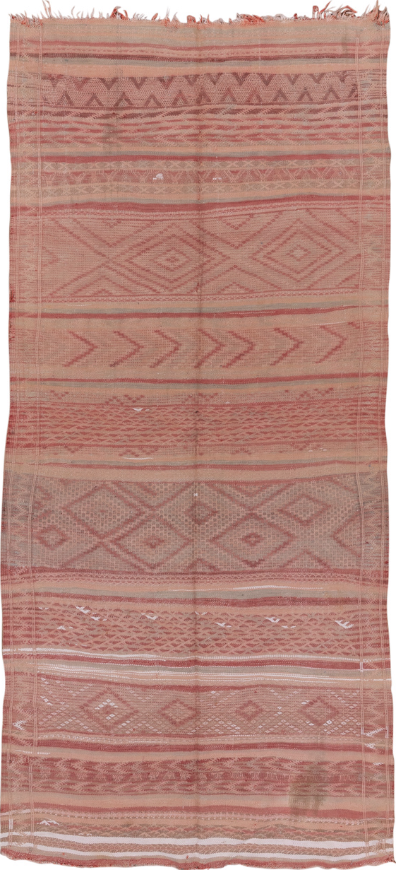 4' x 10' one-of-a-kind handmade vintage Moroccan runner rug. Color palette: brown, gray, light gray, off-white, pink, red