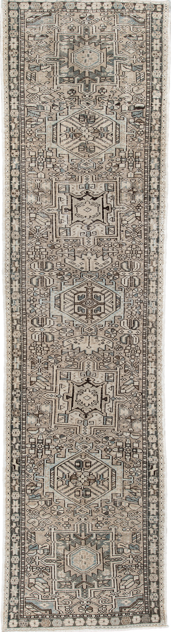 2' x 10' one-of-a-kind handmade vintage Karaje runner rug. Color palette: black, gray, light gray, off-white