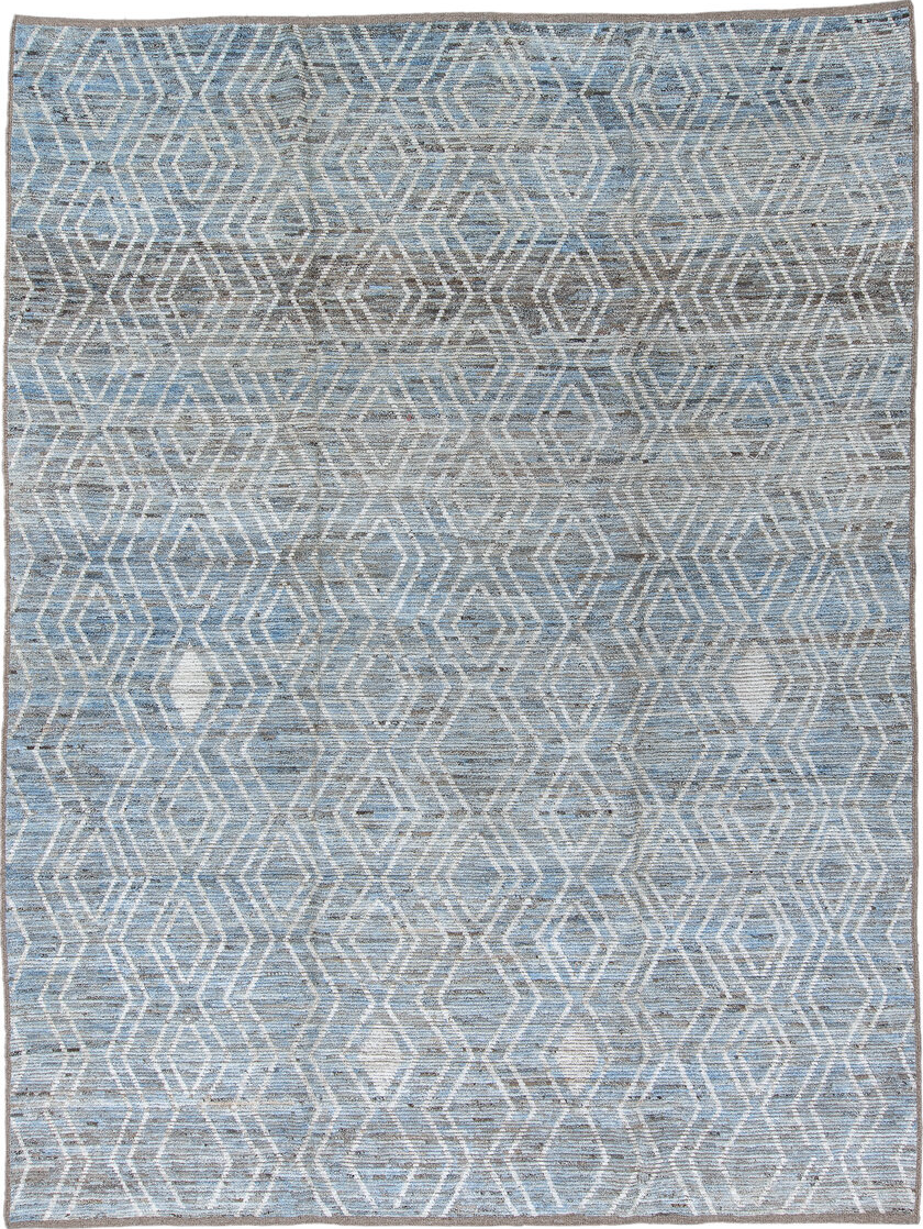 9' x 12' one-of-a-kind handmade vintage Tulu large size rug. Color palette: blue, dim gray, gainsboro, gray, light blue