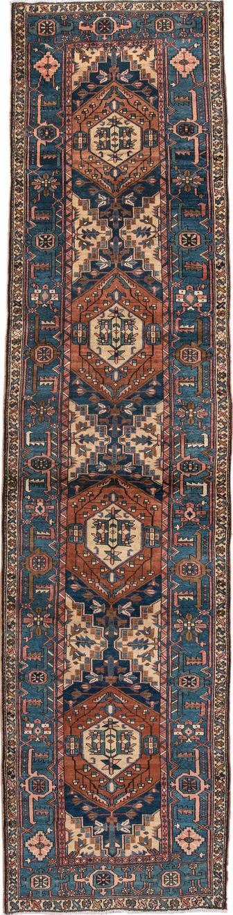 3' x 13' one-of-a-kind handmade vintage Sarab runner rug. Color palette: black, blue, brown, gray, off-white, orange, pink