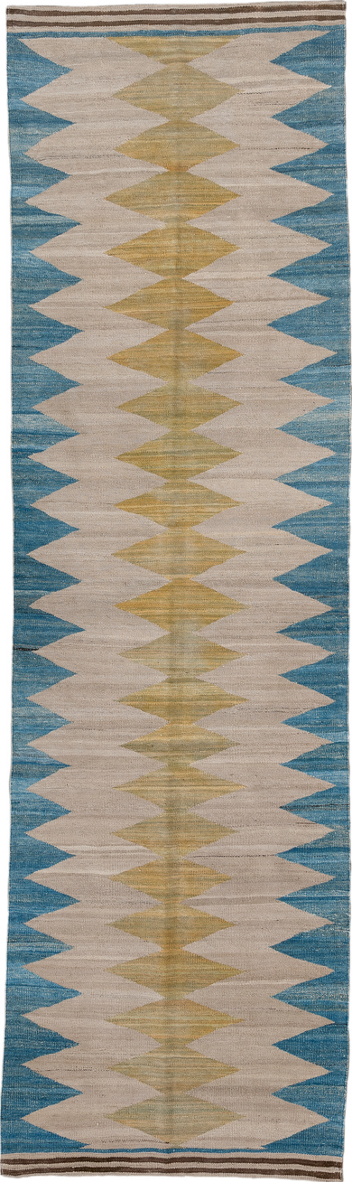 2' x 9' one-of-a-kind handmade vintage Kilim runner rug. Color palette: gray, blue, brown, light gray, off-white, dim gray