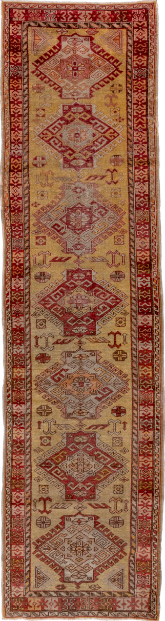 2' x 10' one-of-a-kind handmade vintage Oushak runner rug. Color palette: brown, off-white, pink, red, snow, white