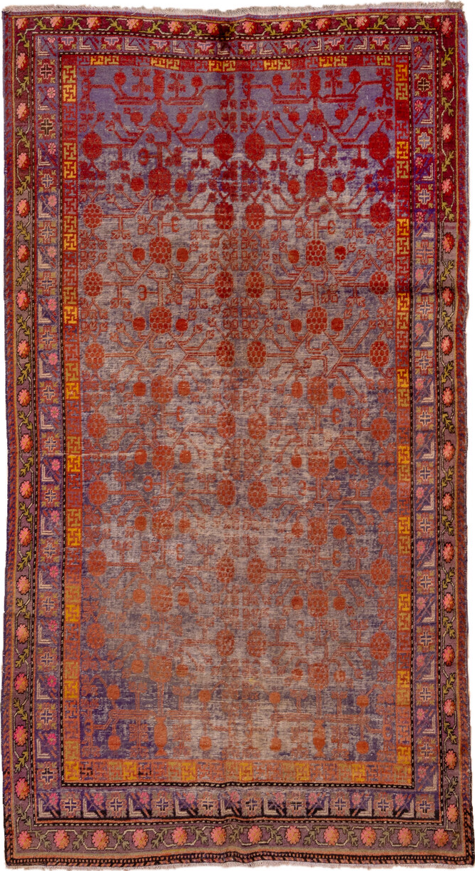 6' x 11' one-of-a-kind handmade vintage Khotan large size rug. Color palette: brown, gray, pink, red, yellow