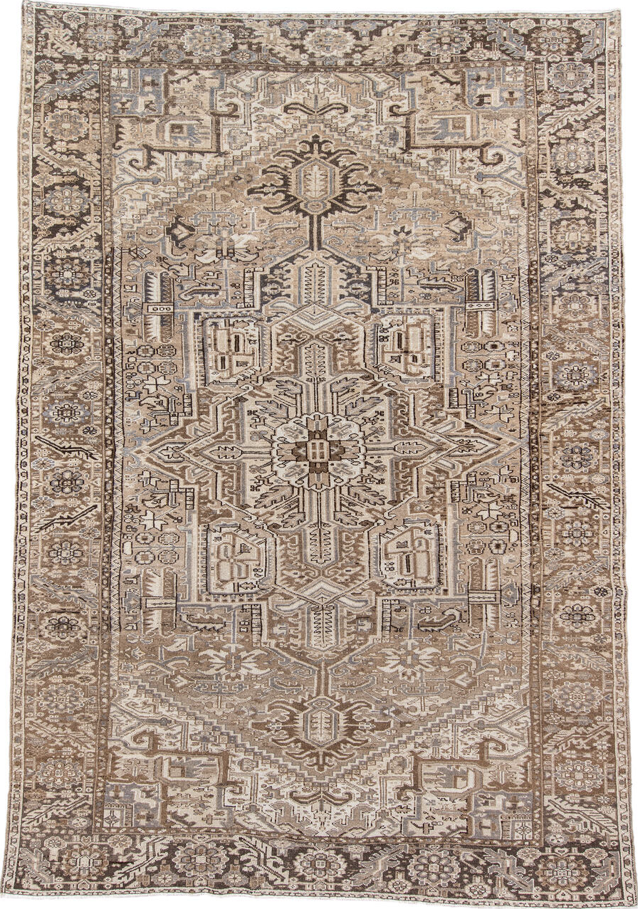 7' x 11' one-of-a-kind handmade vintage Karaje large size rug. Color palette: antiquewhite, brown, dim gray, gray