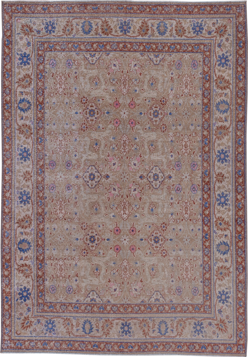 4' x 6' one-of-a-kind handmade vintage Sivas small size rug. Color palette: blue, brown, gray, light gray, pink, red