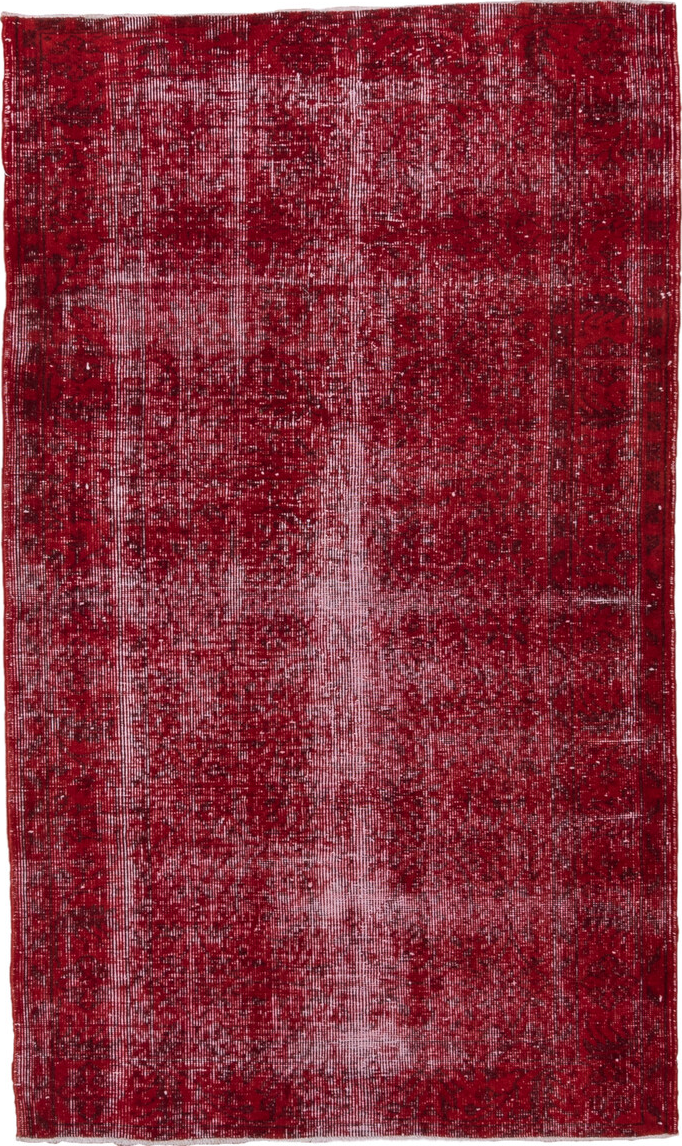 4' x 6' one-of-a-kind handmade vintage Overdyed small size rug. Color palette: brown, burgundy, pink, red, wine
