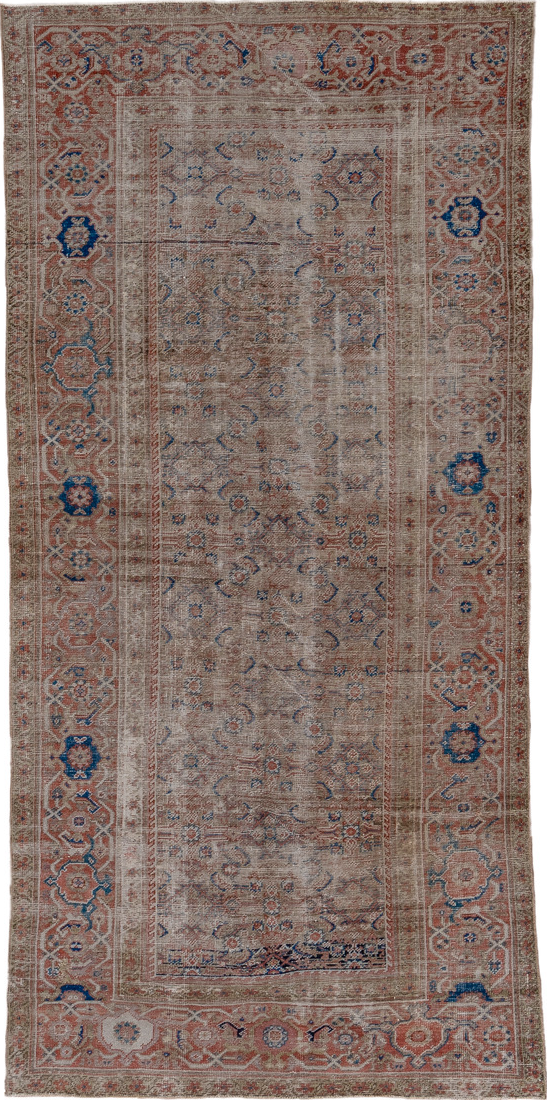 4' x 9' one-of-a-kind handmade vintage Mahal runner rug. Color palette: brown, gray, light gray, off-white, pink, silver