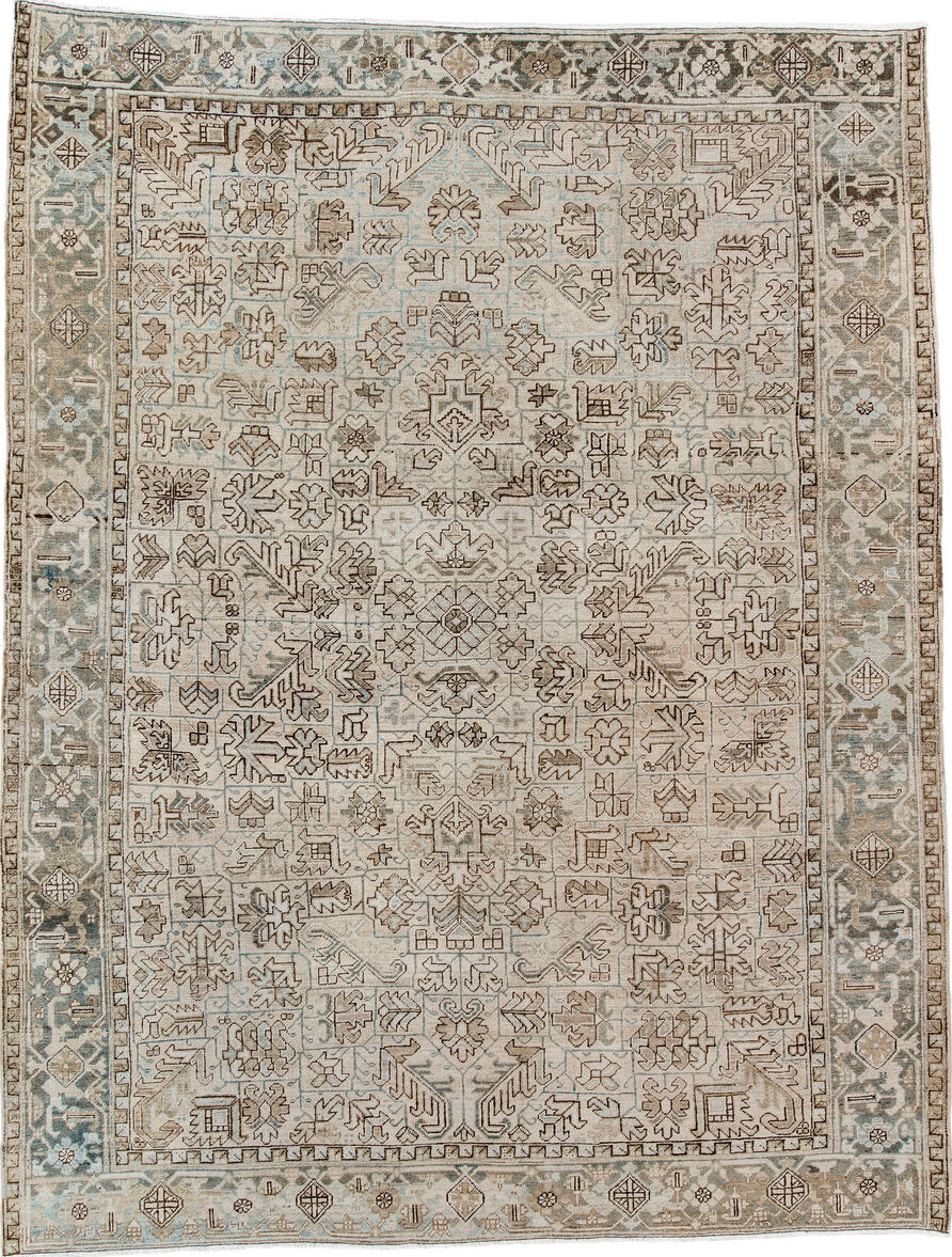 8' x 11' one-of-a-kind handmade vintage Heriz large size rug. Color palette: black, brown, gainsboro, gray, light gray