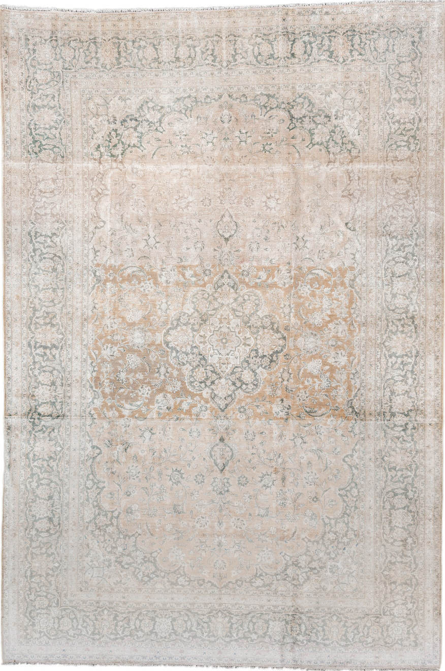 6' x 10' one-of-a-kind handmade vintage Kashan large size rug. Color palette: pink, off-white, gray, brown, light gray