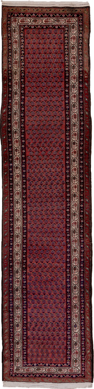 3' x 12' one-of-a-kind handmade vintage Malayer runner rug. Color palette: black, brown, gray, pink, red