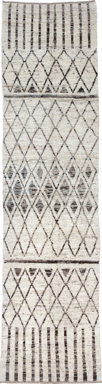 3' x 12' one-of-a-kind handmade vintage Tulu runner rug. Color palette: black, dim gray, gainsboro, gray, light gray, linen