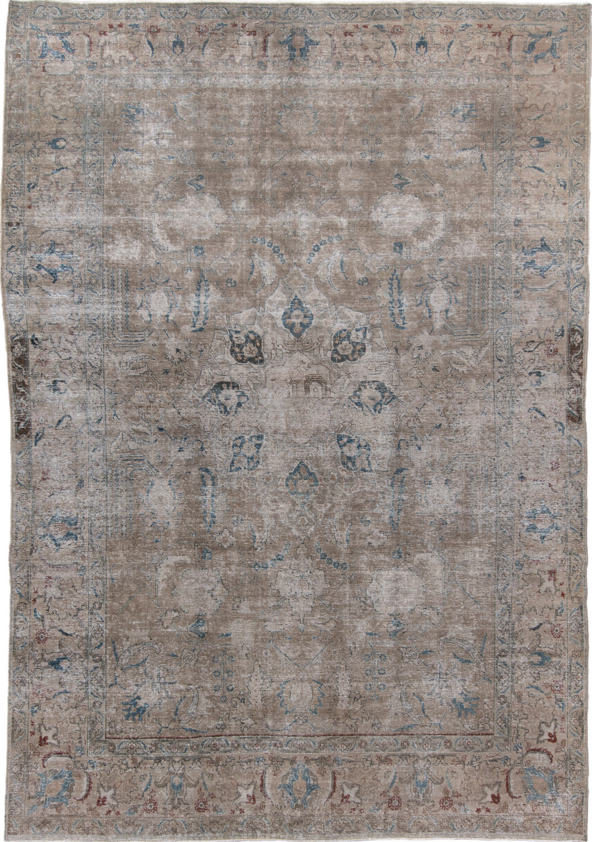 7' x 10' one-of-a-kind handmade vintage Tabriz large size rug. Color palette: blue, brown, dim gray, gray, light gray