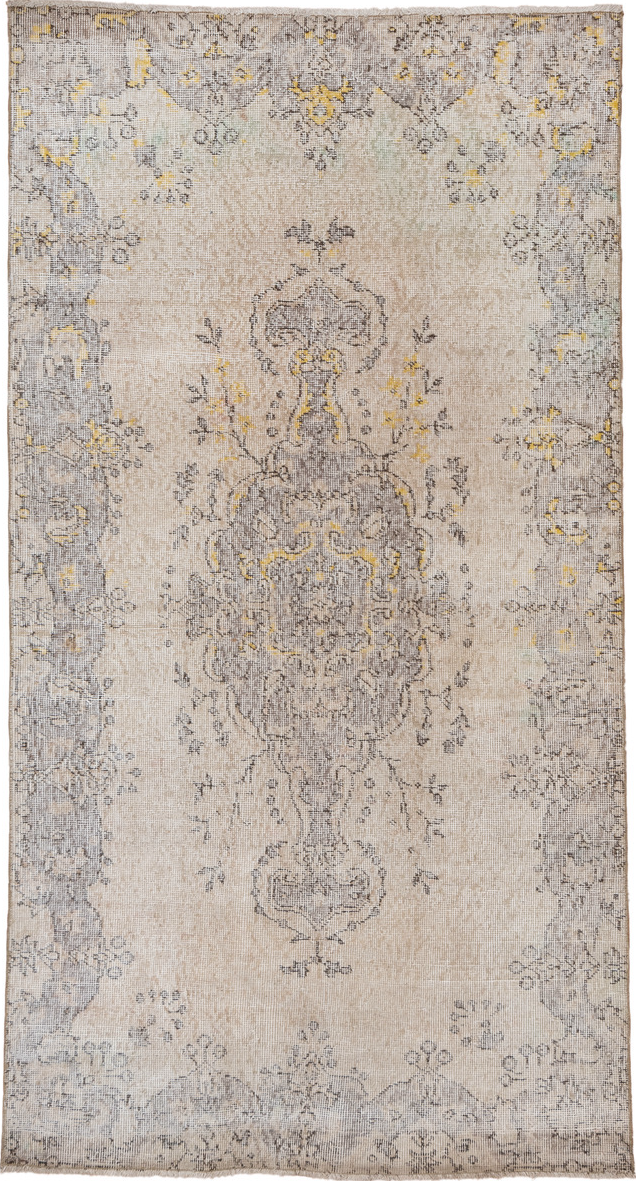 3' x 7' one-of-a-kind handmade vintage Oushak rug. Color palette: brown, dark gray, dim gray, gainsboro, gray, light gray