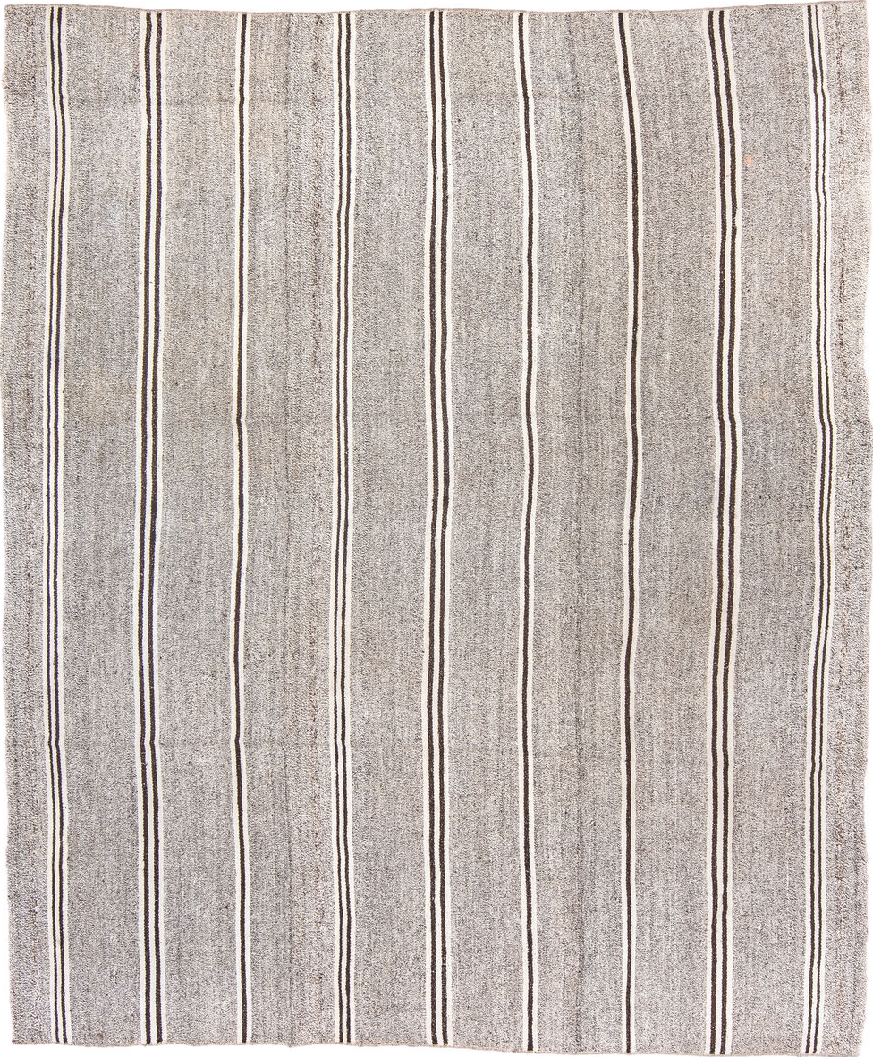 8' x 10' one-of-a-kind handmade vintage Flatweave large size rug. Color palette: gray, off-white, light gray, brown, pink